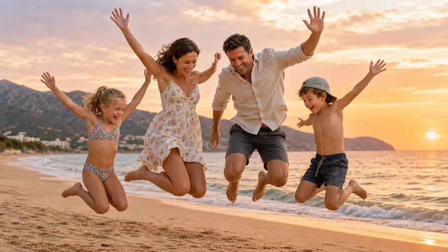 Eine Familie springt bei Sonnenuntergang am Strand in die Luft