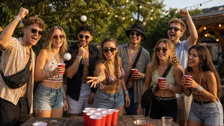 Freunde feiern auf einem Festival vor der Bühne