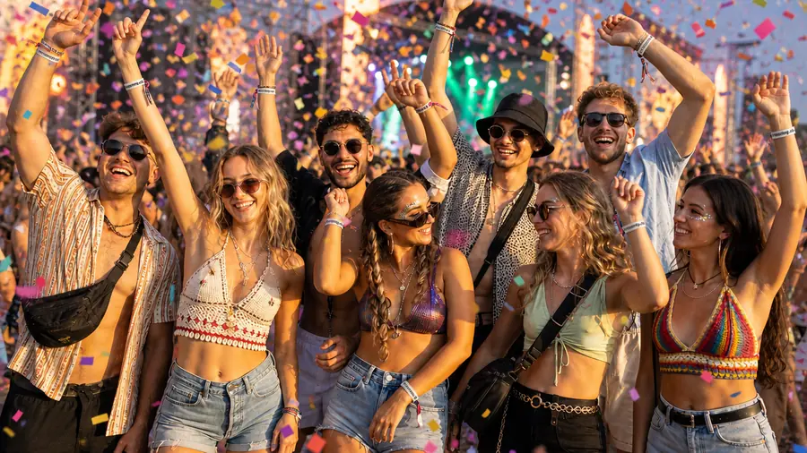 Freunde feiern auf einem Festival vor der Bühne