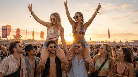 Freunde feiern auf einem Festival vor der Bühne