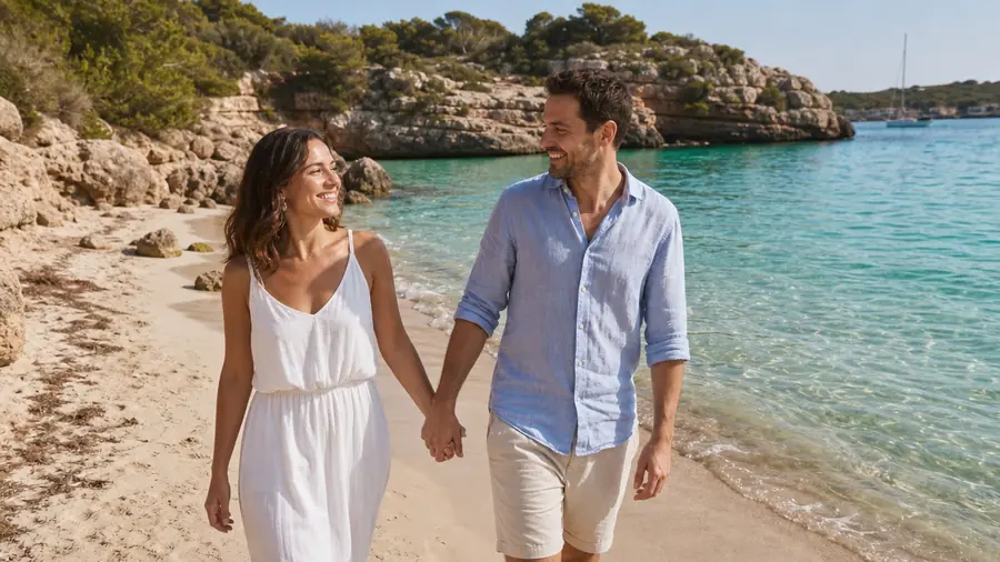 Ein Paar spaziert Hand in Hand an einer Bucht mit türkisem Wasser