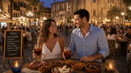 Ein Paar isst Tapas auf einem Platz in Palma